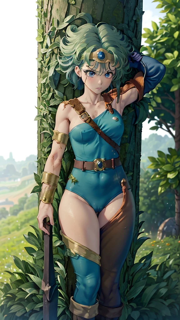 (((SFW、sound、Highest quality、Top notch work、Normal body、、Detailed face、Ultra-precision、normal hand、Refer、5refer、Highest)))、beautiful girl、Green Hair、yamato nadeshiko、Small 、Shortcuts、Blue leotard、muscular、Red Cape、Circlet、Dragon Quest、Female Heroes、 Fight、Fight is ready、Sweep with a sword、Please put your hands together in front of you.、Place your hands behind your back、Please put your hands on your hips、cover your chest with your hands、((Executed perfectly:Frame yourself from head to toe,Standing posture,Draws in great detail、There is no anatomical problem))、(((There is a wound on the arm、the presence of wounds on the chest、There is a wound on the abdomen、There are wounds on the legs:1.6))),(((Bleeding from the wound:1.2)))、writhing in pain、(((The female warrior is surrounded by a sea of fire、Burning at the stake:1.4)))、(((The town is burning behind the heroine)、(((stonent、Held on a cross:1.6)))