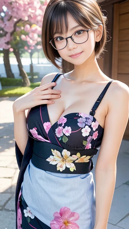 Completely naked、Lower body naked、No underwear、Lower body exposed、Pussy、Realistic, (masterpiece, Highest quality:1.4), Beautiful Face, 8k, 85mm, Absurd, (Jet black floral yukata:1.2), Face close-up, violet, Gardenia, Delicate, alone, night, View your viewers, Upper Body, Film Grain, chromatic aberration, Sharp focus, Face Light, Professional Lighting, Sophisticated, (smile:0.4), (Simple Background, Bokeh Background:1.2), detailed aspects,(Show one breast:1.2)((Very young and immature & Very few & Very flat chest:1.2),(Pink fashion glasses,0.4),(とても小さくてとても光沢のあるパイパンのおPussy:1),