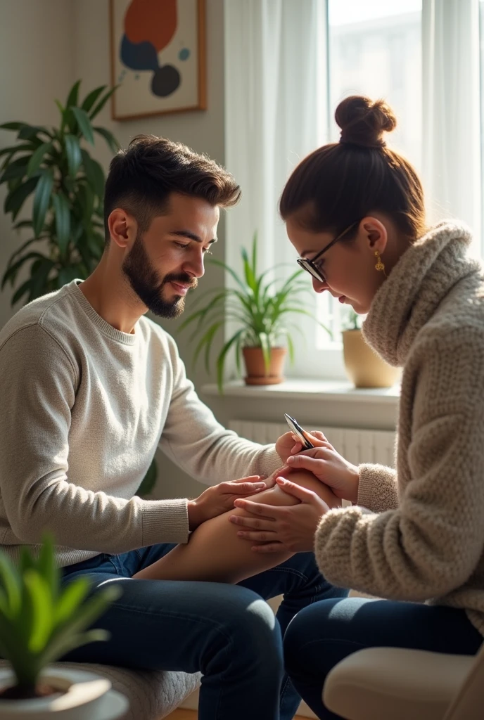 therapist performing therapy on a young man's knee with a silver tipped pen