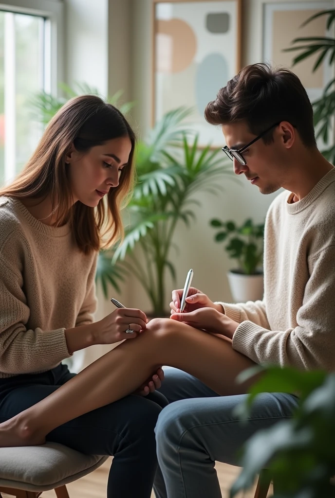 therapist performing therapy on a young man's knee with a silver tipped pen