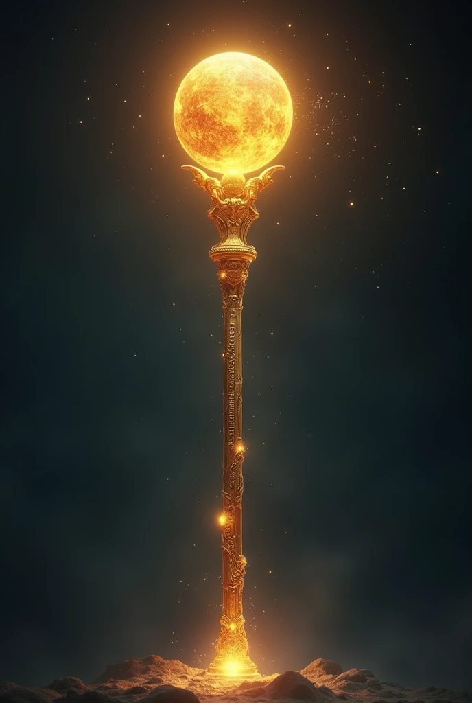 A long, elegant staff made of a heavenly material, bright and translucent, as if sculpted from pure light. The staff has inscriptions of ancient scriptures and symbols of peace and wisdom.. At the tip of the staff is a golden orb that radiates a soft, warm light., symbolizing truth and divine guidance