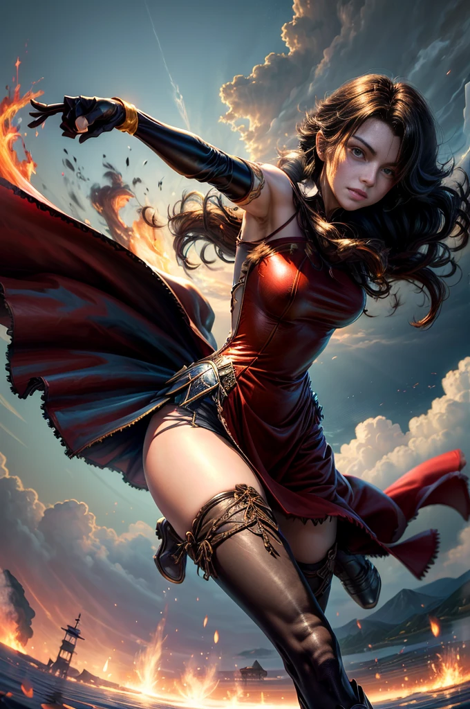 (masterpiece, best quality:1.2), cowboy shot, solo, 1girl, cinder fall, looking at viewer, long hair, red dress, elbow gloves, pantyhose, dynamic pose, flying, holding flames, high in the sky, blue sky, clouds, (volumetric lighting), sharp focus, hyper detailed 