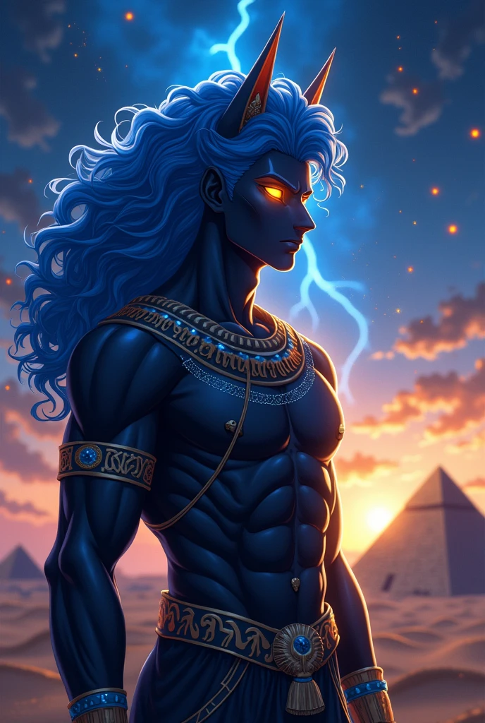 Male anime character with blue curly hair and features of the God Anubis.