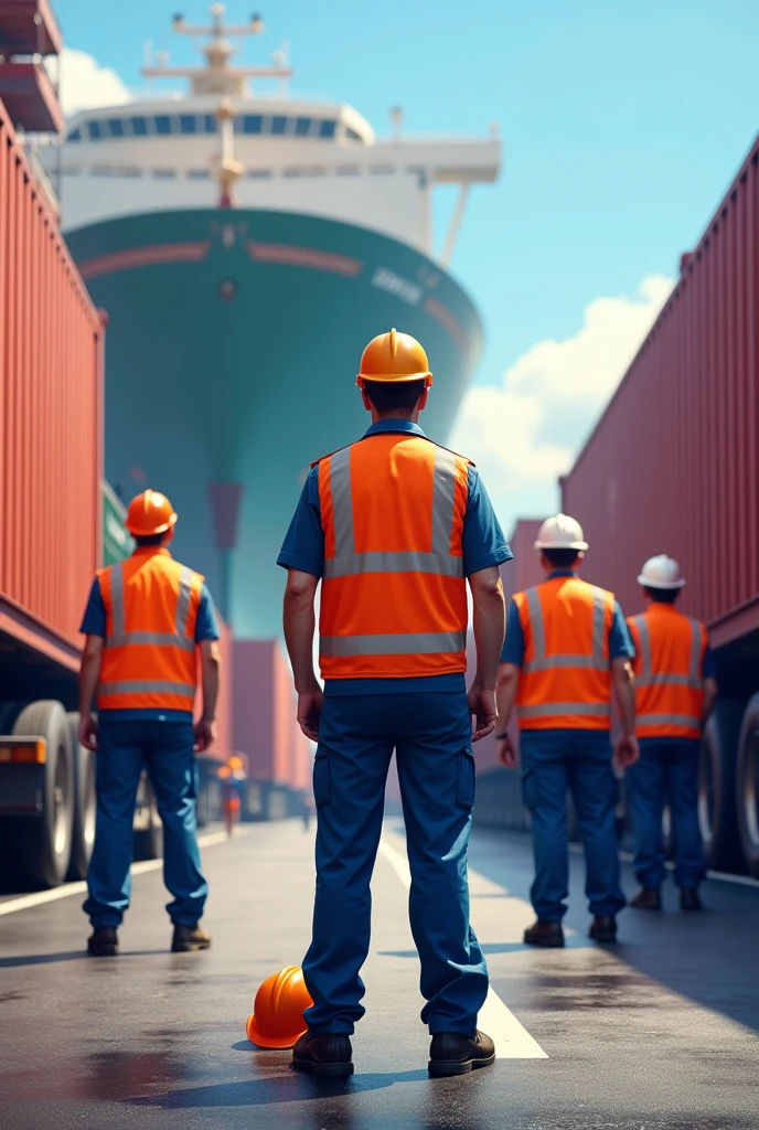 Security icon, like a safety helmet or a shield. Several drivers with containers and a ship behind, and the security technician, everyone wearing an orange reflective vest, and the security technician trajando uma roupa azul com listras reflexivas.