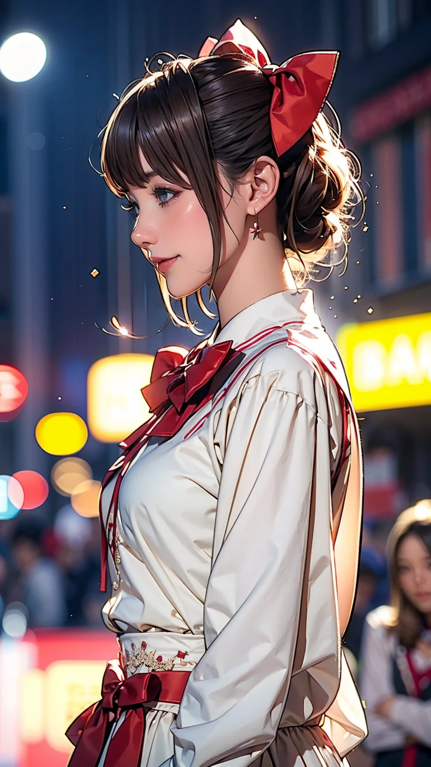 (Very delicate and beautiful: 1.2), One person, bangs, blue eyes, Blurry, Blurry background, bow, Brown Hair, shut up, Side view, Hair between the eyes, hair bow, lanthanum, Particles of light, Long sleeve, Watch the audience, Medium Hair, night, red bow, alone, performer(symbol), Upper Body, smile, Red lips