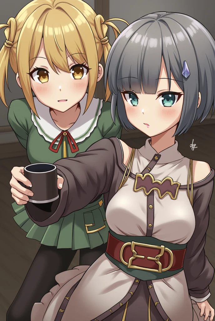 (two giant girls in front of a girl on a tiny table: 1.2), (two giants in front of a girl on a tiny table), (inside the wooden pet shop: 1.3), simple background, (2girls:1.8), (two girls together: 1.4), bra, (catgirl), :3, armor, gambeson, poor clothing, adventurer clothing, (minigirl on a tiny table:1.2), (girl on a platform rear view: 1.5), professionally drawn, (huge breasts), (cleavage sweat), (anime drawing:1.1), (simple bold lines: 1.1), (anime:1.1), (very cute anime girl), (bright), (low contrast), (prettiest teenage girl), (mature face: 1.4), (tall girl with big breasts: 1.2), :3