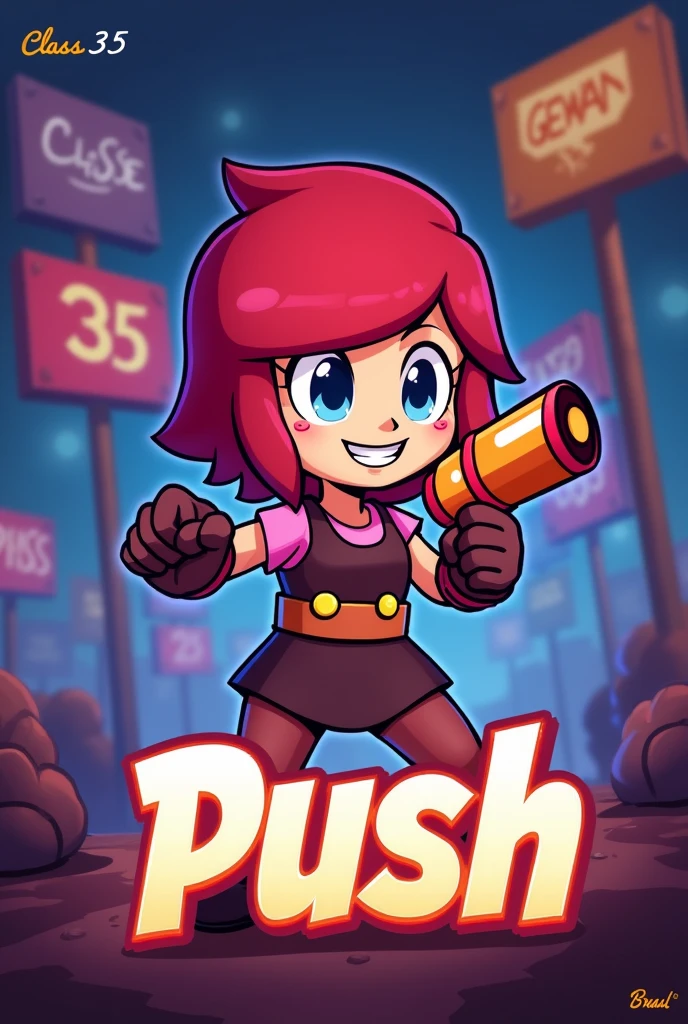 crie uma tumbnail para o jogo brawl star da personagem Shelly na frente e ao redor varias placas escrita clase 35 e na frente da personagem Shelly escreve o nome "push"
