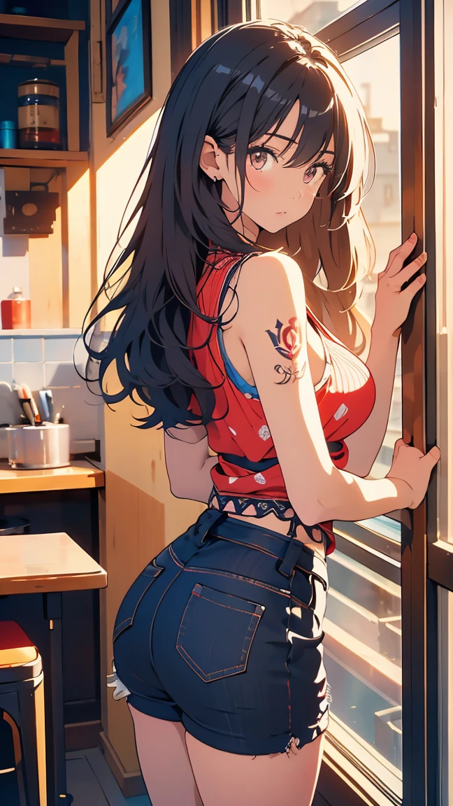 Highest quality、Elementary school student bra、Beige shorts、Cute appearance、Stretch your legs in the room、Armpit sweat、Grass、Ecstasy face,(Attractive person), (girl1), (Highly detailed face, profile) , (日本のgirl), Slightly round face, (Tan brown face:1.6), cute, Big eyes、2d,Highest quality,(masterpiece),(((Whole body image:1.8))),(((See yourself on screen from head to toe:1.6))),,(long hair:1.6),(bangs:1.6),((black hair, red streaked hair:1.5)),(Healthy brown skin:1.8),((Denim Hot Pants:1.9)),Leather Belt,(Red Bikini:1.4),(back:1.8),Shining bare feet,barefoot,Beautiful brown eyes,(Attractive thighs:1.6),Sloppy body type,Sandy beach with sea view,Get drunk,Upward glance,cheeks are bright red,あざとcute,Sleeping face like an angel,A big smile,幸せそうなprofile,Close both eyes,Erotic look,Large drops of sweat all over the body,humid,Waistline、My Room、(Lie face down on the bench:1.6),(Angle shot from the side:1.2),Back view, Close your sexy legs,(sole:1.3)、Heel,Ankle、Raise one leg