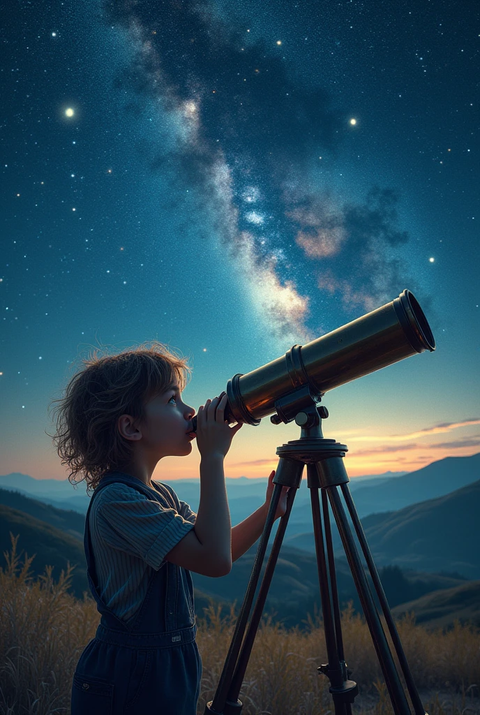 There was a boy looking through a telescope at the starry sky outside the window