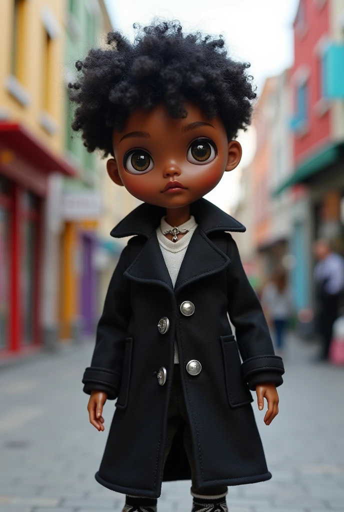 Make a male blythe doll with short black curly hair, with curly bangs that reach the eyebrows, with caramel skin color and black coat