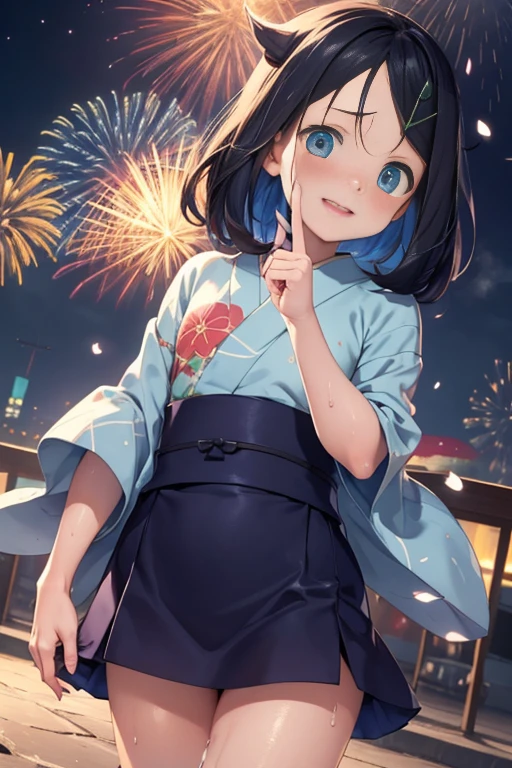 ((nsfw)), (masterpiece, Highest quality, 8K ultra-high resolution:1.6), Dynamic pose, Not wearing underwear, ****, kawaii, Pokemon Riko, (A colorful navy blue yukata, night: 1.4), Depiction of nipples, (Summer festival), ((turn around)), Beautiful Eyes,Flash photography, Backlight,  ((Close-up of face:1.4)), (The best smile:1.4), ((((Sweat)))), (Show your palm to the camera), (Beckon), Written boundary depth, Dramatic portrayal, (Colorful fireworks background), Focus of the film, , Emotional composition, Emotional engine full throttle BREAK Young and cute, Slender body, Flat Chest, Highly detailed glossy skin,Sweat,  完璧なPokemon Riko
, Wind, detailed in the Wind, petals dancing in the Wind
BREAK
ultra detailed crystal eyes, Eyes like shining jewels