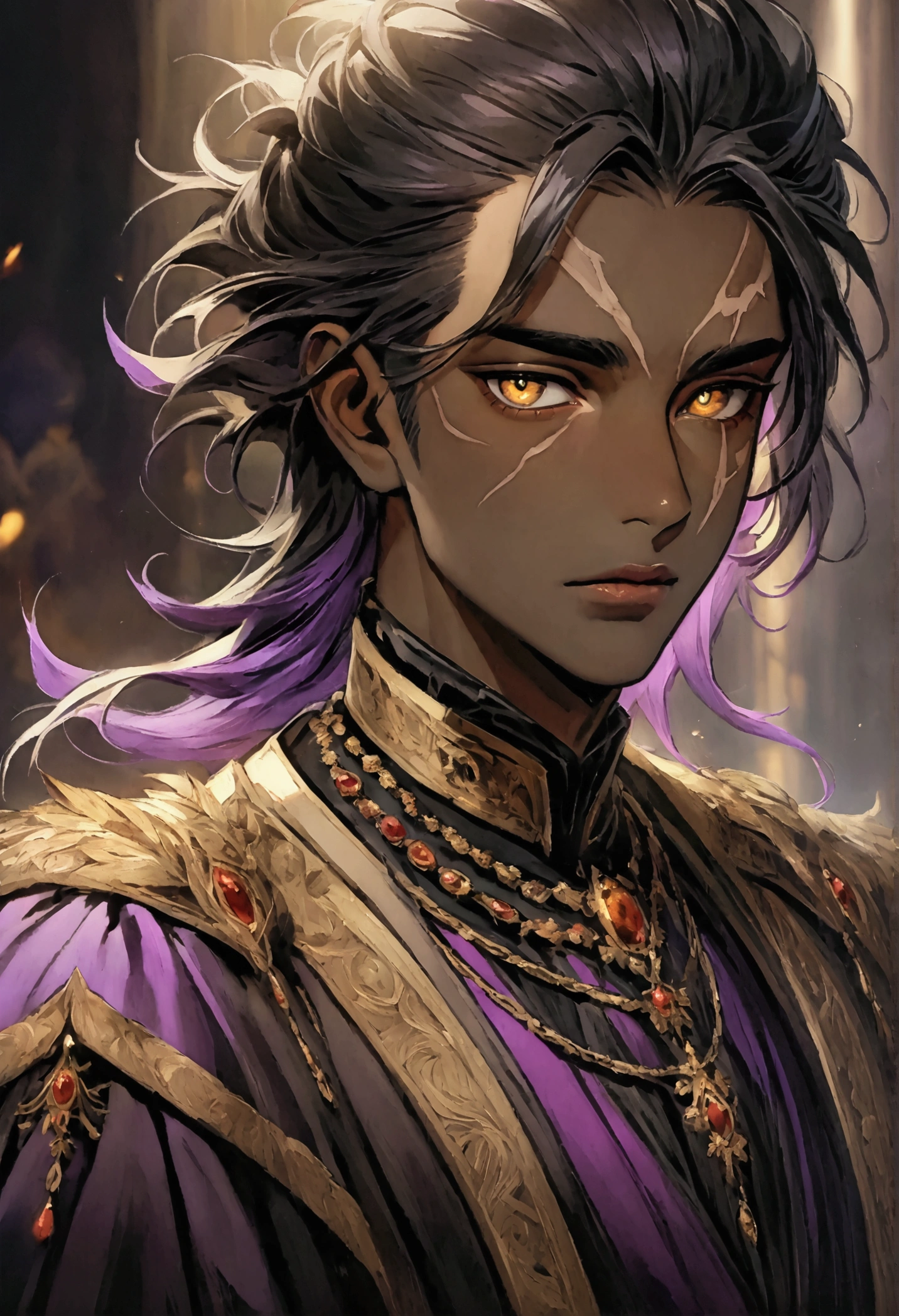 Male, Black hair with purple tips short messy, royal clothes, dark skin with a scar from the cheek to near the right eye, golden eyes. wears a necklace that looks very much like a green dragon's eye