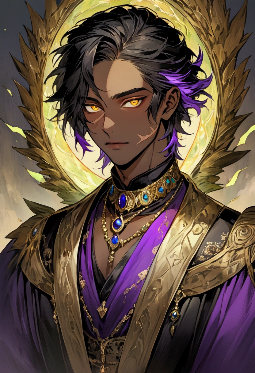 Male, Black hair with purple tips short messy, royal clothes, dark skin with a scar from the cheek to near the right eye, golden eyes.  wears a necklace that looks very much like a green dragon's eye