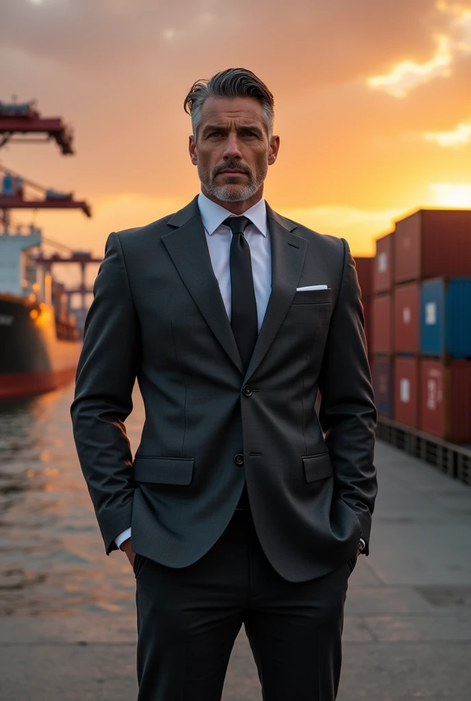naughty man, 40 year old, offwhite, olhos amendoados, slightly gray black hair, graphite suit, very muscular and tall, in the scenarios of a port