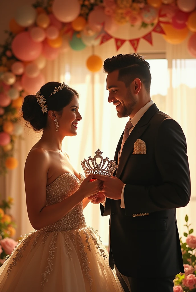 Parents holding crown from right side for quinceañera but without the quinceañera Full body crown facing up and tight dress for mom with spiked heels