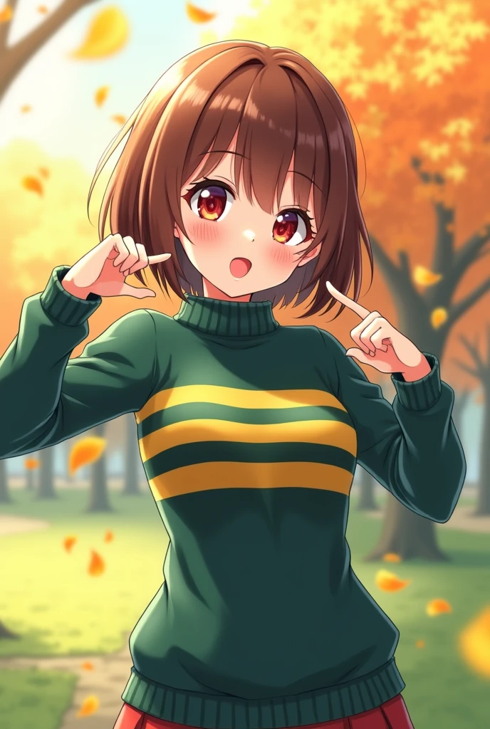 an anime girl with red eyes and short brown bob hair wearing a dark green and yellow with two stripes on her chest on her turtleneck sweater doing a cute pose