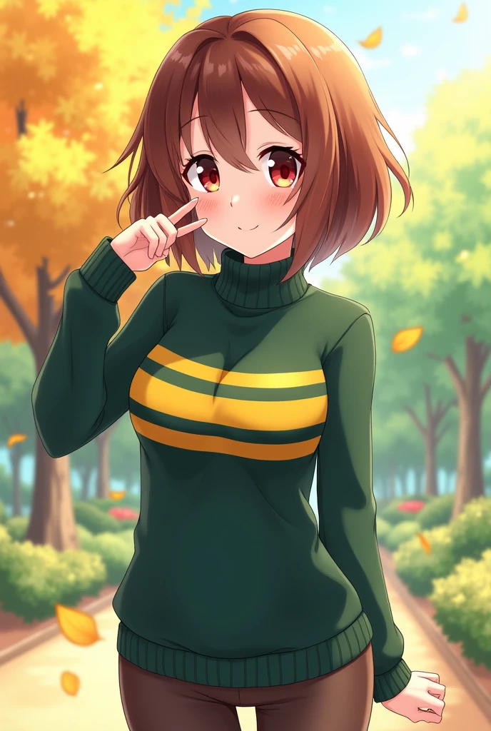 an anime girl with red eyes and short brown bob hair wearing a dark green and yellow with two stripes on her chest on her turtleneck sweater doing a cute pose
