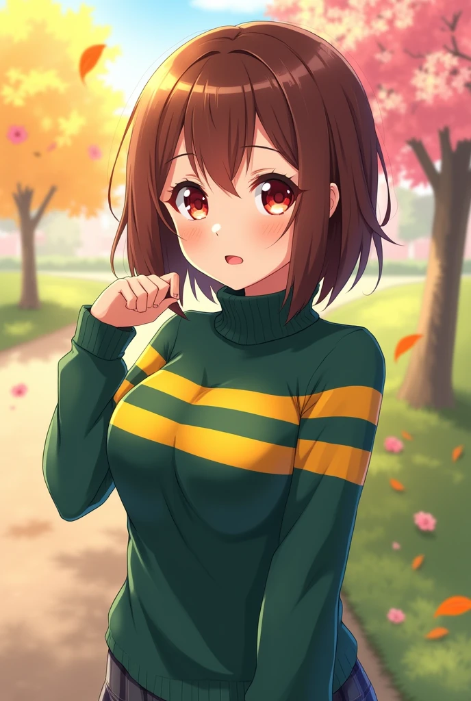 an anime girl with red eyes and short brown bob hair wearing a dark green and yellow with two stripes on her chest on her turtleneck sweater doing a cute pose