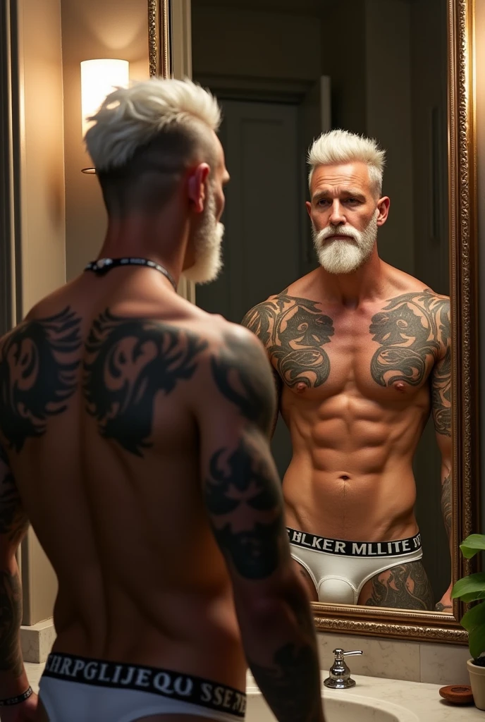 new man, White hair, tatuados, white goatee, in underwear in front of the mirror
