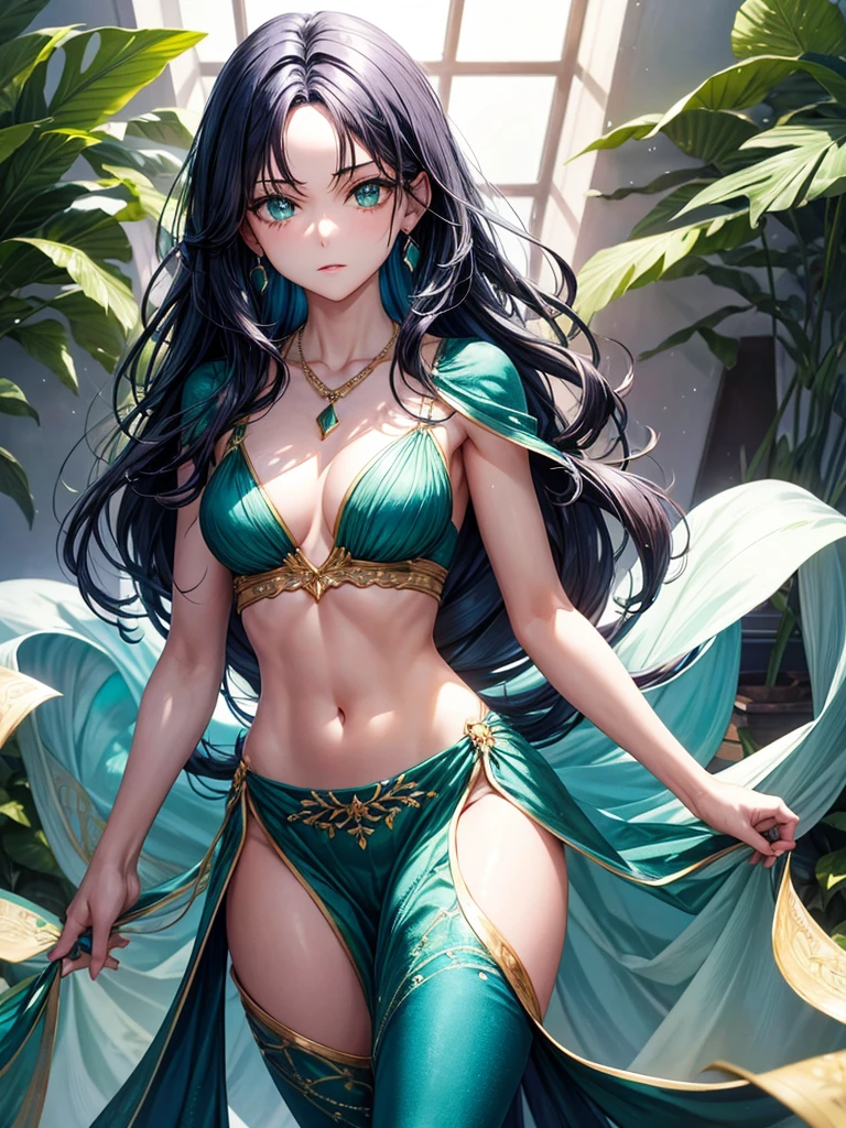 Her hair color is dark blue and her hair reaches her waist and is slightly wavy., emerald green eyes ,length 1.65 cm, white smooth skin, body structure is slim and athletic,wearing a small blue necklace,thick-legged,bare-chested