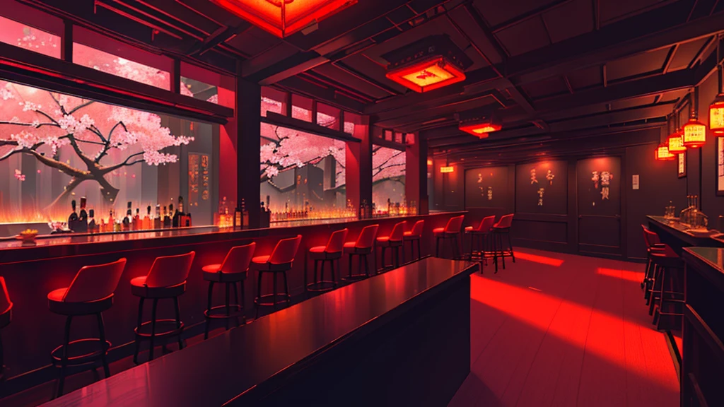 Coctail bar, dimly lit with red lighting, cyberpunk style, futuristic, holograms of cherry blossom trees placed throughout the venue, traditional Japanese paintings on walls, Cyberpunk style