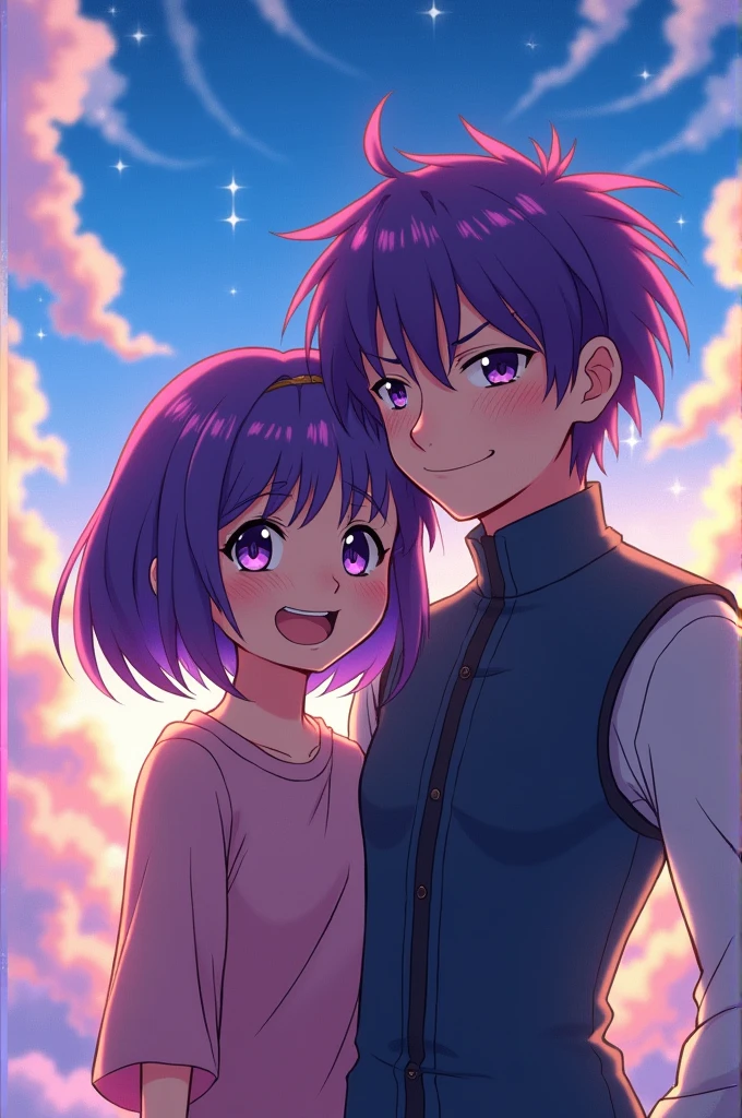 Let it be anime style, that there is a girl with short purple hair and purple and honey-colored eyes who is smiling and has a small scar on her eyebrow and that next to her is Envy smiling from Fullmetal Alchemist