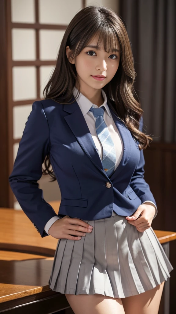 8k, highest quality, The real picture, Intricate details, Very detailed, Ultra-high resolution, Depth Field,(Realistic,Realistic:1.2),Tabletop , Front shot , From the center , 1 girl, eye_Chan, Very beautiful 17 year old girl, Innocent big eyes,、Beautiful breasts:1.5、Very detailedなeye:1.2)、(Beautiful breasts:1.1)、Wavy Hair、Curly Hair、bangs、, Perfect Skin, Fair skin, Huge breasts, She caresses her breasts through her clothes.、Anxious expression、Cleavage, Tight waist, Lightly reddish, alone, Looking at the audience, A light smile, ((School_uniform),(Dark Blue Blazer), (White shirt、Wear a tie), (Grey pleated skirt), (Sculptural installation :1.1)