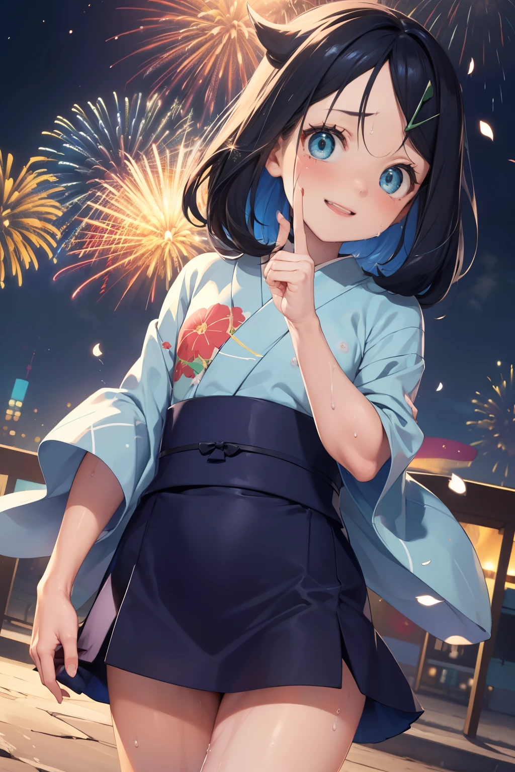 (nsfw), (masterpiece, Highest quality, 8K ultra-high resolution:1.4), yo, kawaii, nsfw, Pokemon Riko, Down blouse, , (Navy blue frilly yukata, Frilled underwear, night: 1.4), (Summer festival), ((turn around)), Beautiful Eyes,Flash photography, Backlight,  (()), (The best smile:1.4), (Show your palm to the camera), (Beckon), Written boundary depth, Dramatic portrayal, (Colorful fireworks background), Focus of the film, , Emotional composition, Emotional engine full throttle BREAK Young and cute, Slender body, Flat Chest, Highly detailed glossy skin,Sweat,  完璧なPokemon Riko
, Wind, detailed in the Wind, petals dancing in the Wind
BREAK
ultra detailed crystal eyes, Eyes like shining jewels