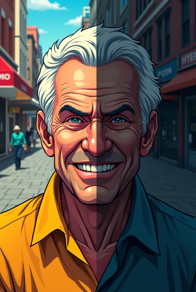 You are going to create two images: A person who smiles and then gets angry. It will represent hypocrisy