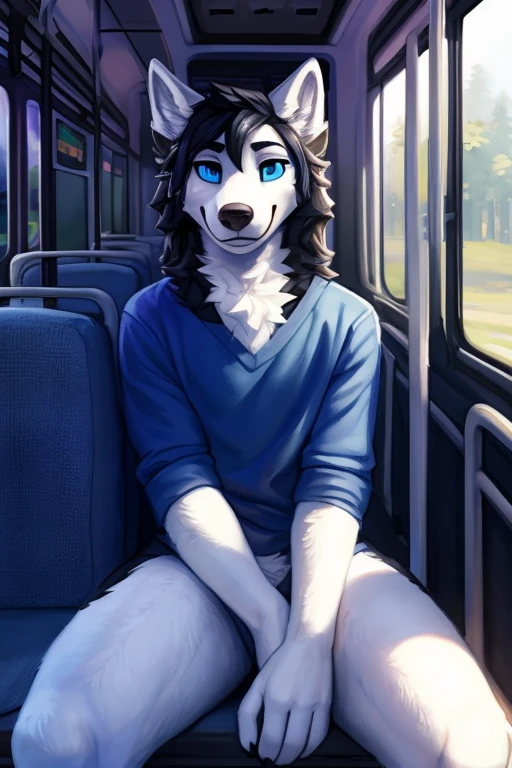 (((sitting on the bus, inside a bus, sitting down, Atlas a white Wolf with blue eyes and nose and black hair An artwork,))), big chest wearing clothing , day, , sensual, detailed, uploaded to e621, beautiful and detailed portrait of an anthropomorphic , (((male))) uploaded to e621, zaush, foxovh, movie lighting, thicc, alone, movie cover, detailed, 8k res, hires, detailed eyes, good anatomy, good perspective, towards viewer, by bebebebebe, by sicklyhypnos, by gerkk, by orf, nice hands, perfect hands, happy, romantic, ray tracing lighting, rtx on