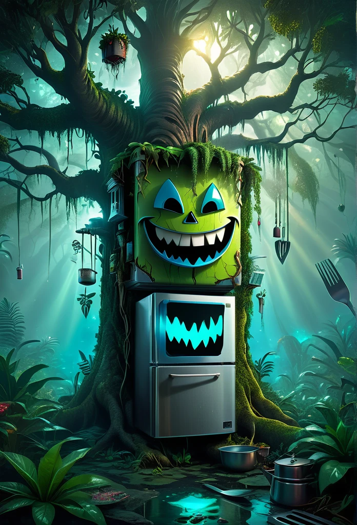 Haunted refrigerator grows on tree，(The refrigerator shows an evil smile:1.5)，evil grin smile，Magical tree，enchanted tree，The tree is covered with kitchen utensils，Epic surreal art style,epic gothic art style,Epic digital fantasy illustrations,epic mythology art style,Epic fantasy art style， Background magic jungle, sci fi art, ，Excellent，hyper realisitc，Thriller，Ghost Tree，