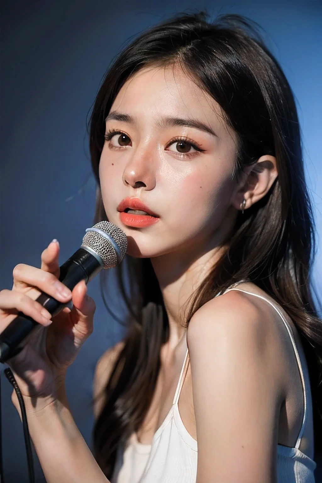 Best Quality, Masterpiece, Ultra High Resolution, (Realistic: 1.4), Original Photo, Head Photo, Skin, Simple Background, Black Eyes, Detail, Selfie, 1 Girl, Breeze, night, on stage live concert, sing a song with microphone.