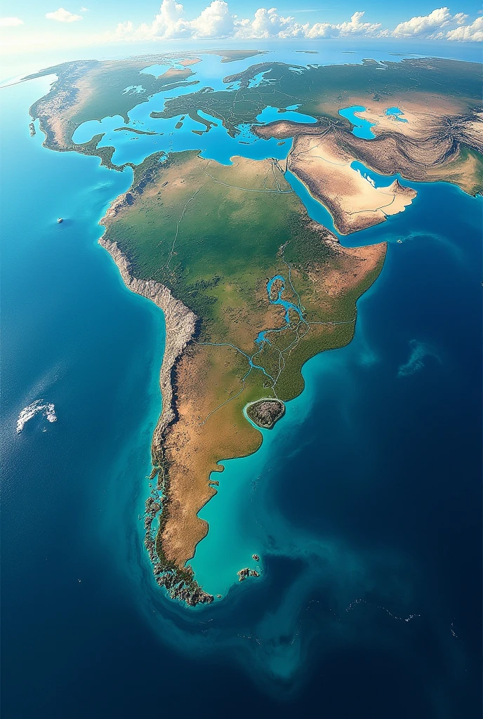 Make me a continent seen directly from the whole sky, with all the pieces of land surrounded, show the entire continent on a map, showing its entire extension by land and sea on the map, by water, 8k image, realistic photos.