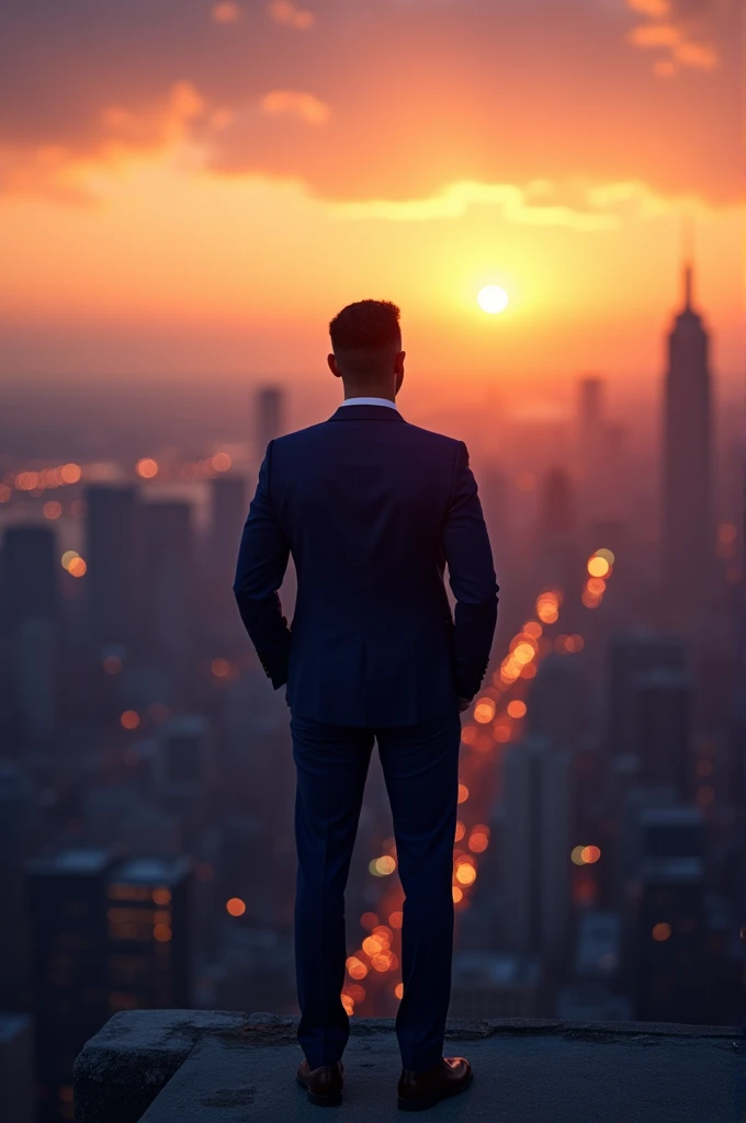 Man posing with city view from behind
