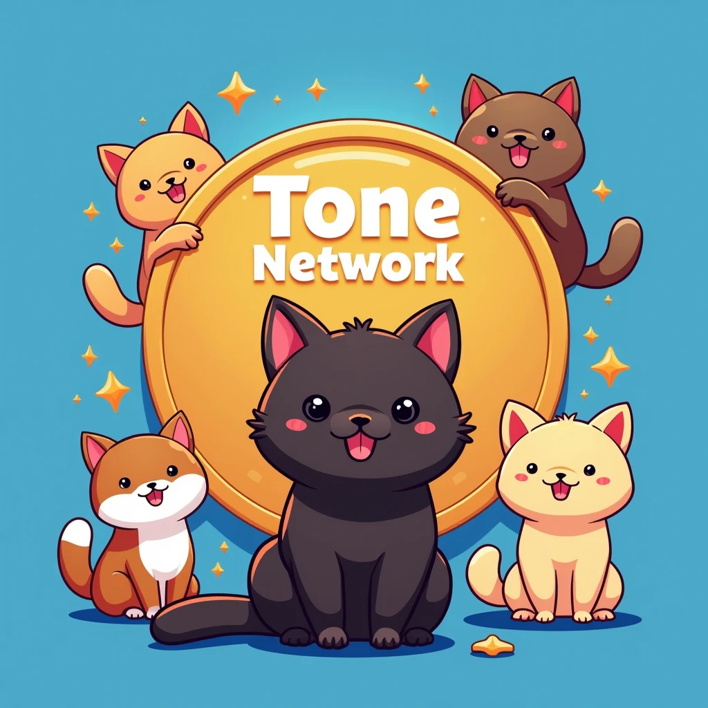 coin logo , tone network , dark brown cat , blue background , oggy inu , cat inu , fat