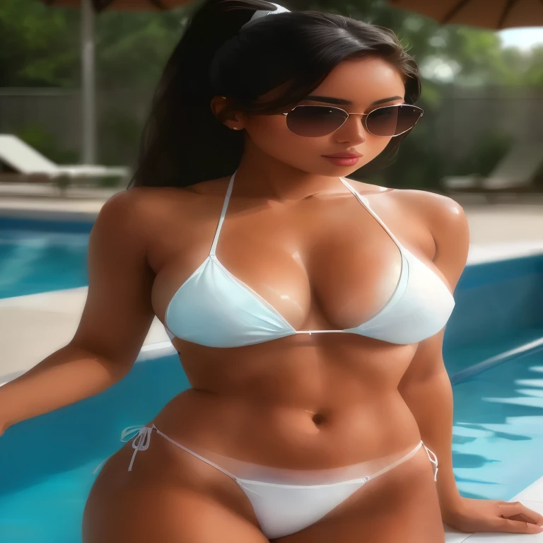 a woman in a white bikini and sunglasses standing next to a pool, gorgeous bikini model, white bikini, attractive body, perfect body, cute bikini, in bikini, wearing a white bikini, perfect body and face, bikini model, beautiful body and face, perfectly shaded body, in a bikini, attractive face and body, tanned, white bra, sexy girl