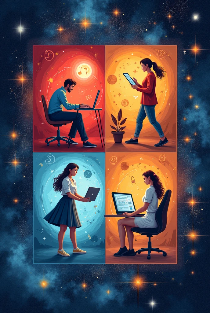 1. **Background:**
- A subtle background that mixes astrological elements, like constellations or a starry sky, to give a mystical touch and related to the signs.
2. **Central Section:**
- Divide the image into four quadrants or sectors, each one representing a sign.
3. **Dial 1: Aries**
- **elements:** A team leader with a growth chart, an entrepreneur with a laptop and documents, and an athlete running or lifting weights.
- **styled:** Vivid and dynamic colors, with strong lines to convey energy and action.
4. **Quadrant 2: bull**
- **elements:** An accountant analyzing numbers in a spreadsheet, a chef decorating a gourmet dish, and an interior designer adjusting a piece of furniture.
- **styled:** Solid and textured colors, reflecting stability and aesthetic pleasure.
5. **Quadrant 3: twins**
- **elements:** A journalist interviewing someone with a camera and microphone, a communicator on the phone or with a group, and a teacher in front of a blackboard or with students.
- **styled:** Vibrant tones and graphic elements that suggest movement and communication.
6. **Quadrant 4: cancer**
- **elements:** A psychologist with a patient in a therapy session, a nurse caring for a patient, and a social worker making a visit.
- **styled:** Soft and welcoming colors, with elements that convey care and empathy.
Each quadrant can have icons or small illustrations that help to clearly visualize the associated professions., with a subtle border connecting each section, showing the integration of the signs with their possible careers.