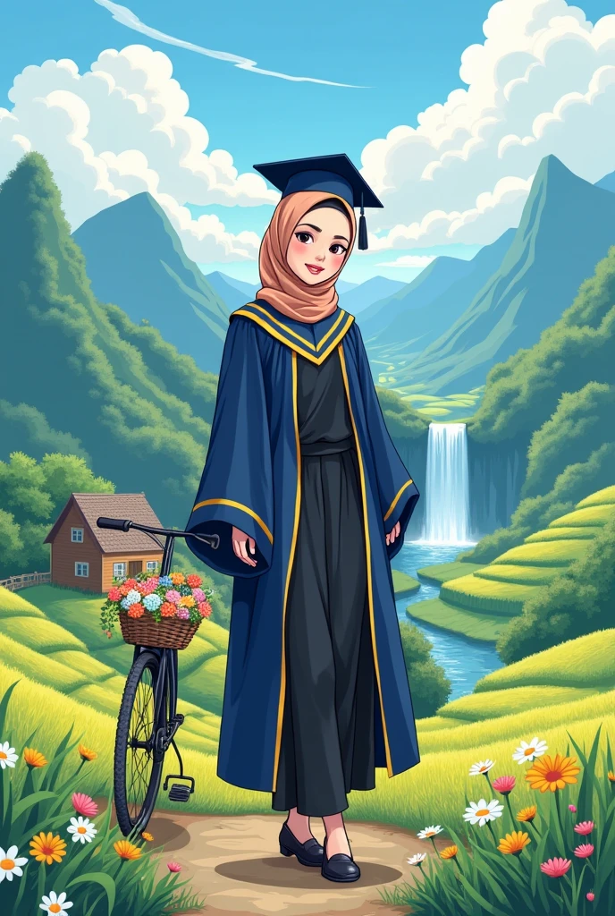 Realistic Karikatur, A women wearing hijab, pastel brown color hijab, wearing black graduation hat, wearing blue color graduation hood with yellow color on the edge, wearing black graduation gown, Long graduation gown that covers the ankles, wearing black shoes , women shoes, rice field background with flowers , wooden house background,mountain background with waterfall, Bicycle background with flower basket , kawaii theme designs, kawaii poses