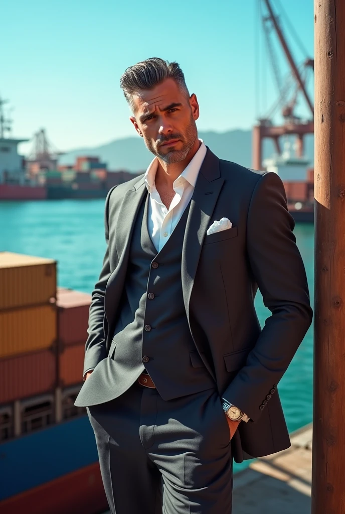 naughty man, 34 years, offwhite, olhos amendoados, slightly gray black hair, graphite suit, very muscular and tall, in the scenarios of a port