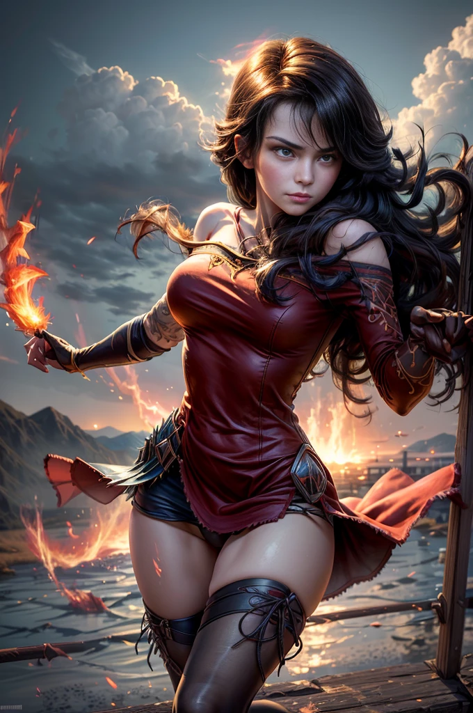 (masterpiece, best quality:1.2), cowboy shot, solo, 1girl, cinder fall, looking at viewer, long hair, red dress, elbow gloves, pantyhose, dynamic pose, flying, holding flames, high in the sky, blue sky, clouds, (volumetric lighting), sharp focus, hyper detailed 