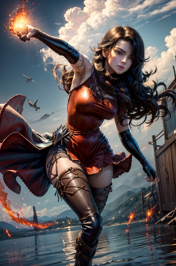 (masterpiece, best quality:1.2), cowboy shot, solo, 1girl, cinder fall, looking at viewer, long hair, red dress, elbow gloves, pantyhose, dynamic pose, flying, holding flames, high in the sky, blue sky, clouds, (volumetric lighting), sharp focus, hyper detailed