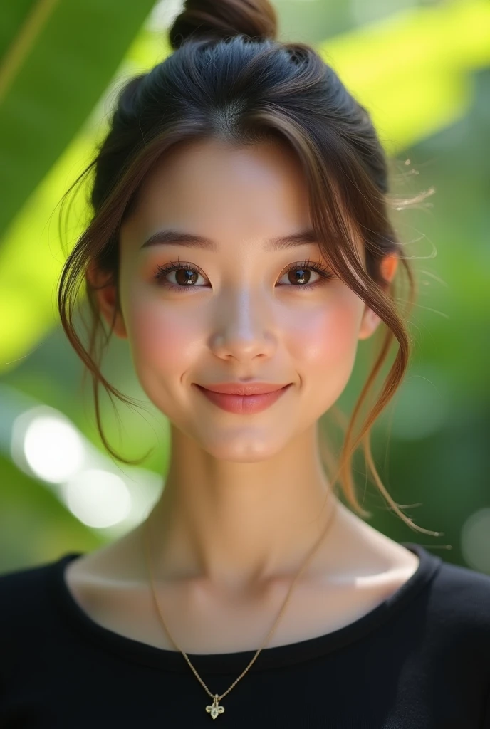 A realistic portrait of a young woman with light skin, straight, light brown hair tied back, and soft facial features. She has large, expressive brown eyes and a gentle smile. The background is blurred and natural, with green foliage, giving the impression of an outdoor setting. The woman is wearing a simple dark-colored top, and the lighting is natural, with soft shadows highlighting her face.