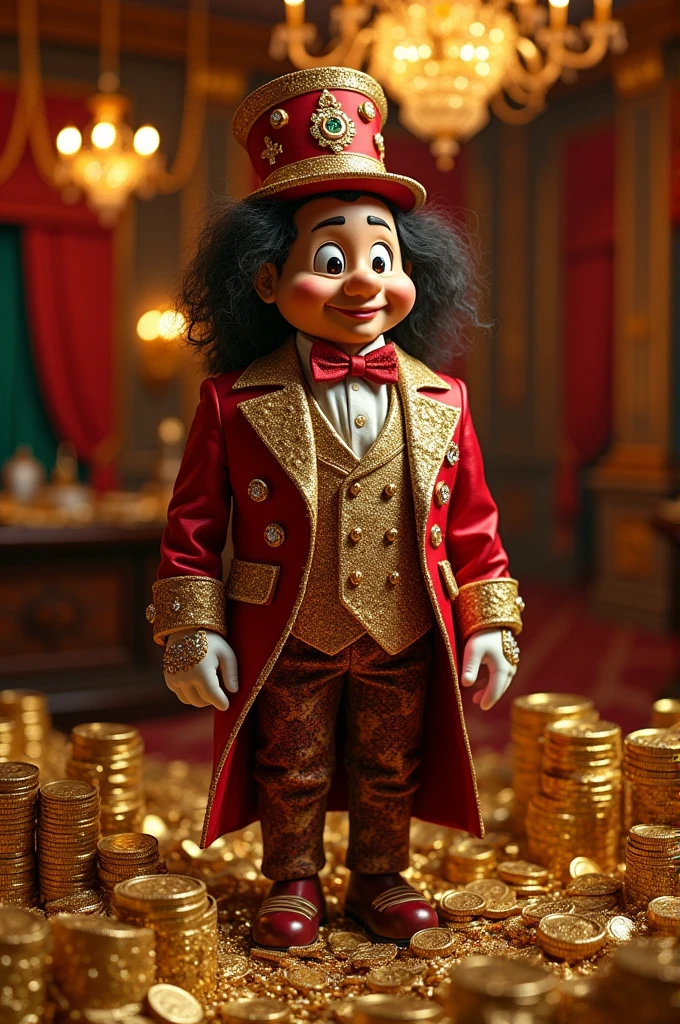 El chavo del ocho with millionaire clothes and lots of gold around him