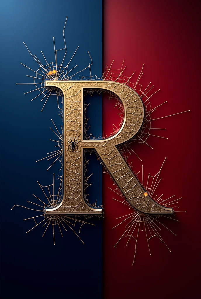A dark, elegant background combining the blue and red colors of Spiderman with gold and silver details representing Cristiano Ronaldo. In the center, the initials 'R' and 'L' are creatively intertwined. The 'R' is designed in a style reminiscent of Spiderman's logo, featuring a web-like texture. The 'L' has a sporty touch, with details that evoke Cristiano Ronaldo's jersey, including lines that suggest his signature or the number 7. Surrounding the letters, subtle references like a web in one corner and a glowing soccer ball can be seen, creating a powerful and romantic scene