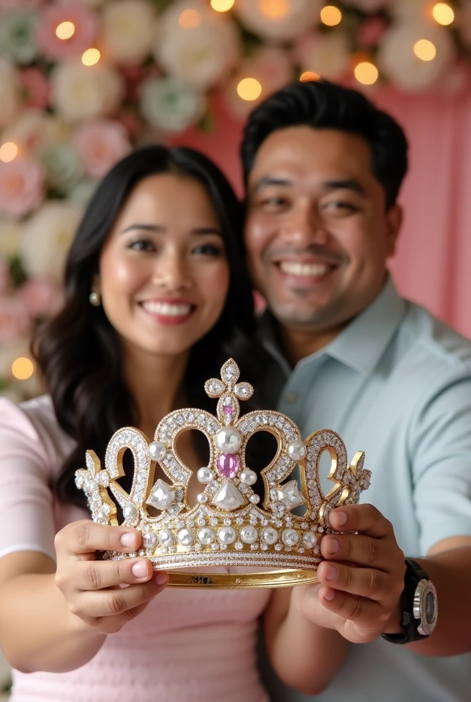Parents holding crown from right side for quinceañera but without the quinceañera
