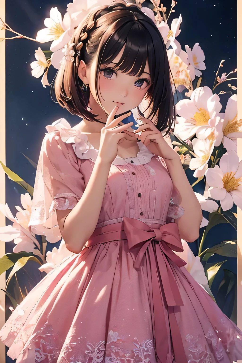 Highest quality、High resolution、Detailed Background、(Beautiful face in every detail:1.4)、Anatomically correct、(Normal number of fingers:1.2)、(Highly detailed face)、Detailed eyes、Teenage beauty、Perfect body line、Braided bob cut、ponytail、Cute hairstyle、well-groomed eyebrows、A melancholy atmosphere、広がる紫と白のCosmos flower畑、Cowboy Shot、
Standing in the center、A girl wearing a pink dress、Tears shine in the girl&#39;s eyes、His gentle expression is distorted、
To cover one&#39;s face with both hands、Crying with shaking shoulders、Elegant cosmos flowers々It seems as if the girl&#39;s sadness is being gently embraced.、A quiet breeze sways the petals and gently strokes the girl&#39;s hair、A sad but warm scene unfolds before your eyes, as if nature is comforting the girl&#39;s heart.、Cosmos flower々It&#39;s as if the author is empathizing with the girl&#39;s sadness.、very beautiful