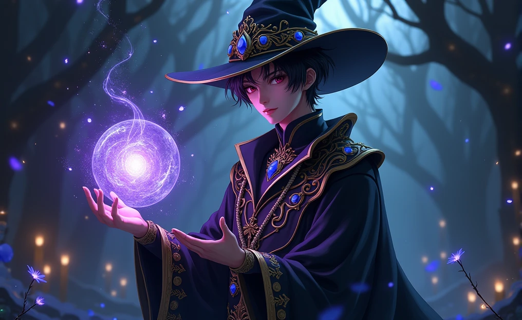 A young and somewhat enigmatic male magician, dressed in a black robe adorned with gold details and bright blue gems. Wear a matching wizard hat, also decorated with gold patterns and a large blue gem in the center. His hair is black and messy, falling slightly under the hat. His eyes are a deep reddish hue, looking intensely. In his hands he holds a purple and blue sphere of magical energy., that emits a mystical light. The environment is dark, with flashes of light and magical energy floating in the air.
the style is realistic anime