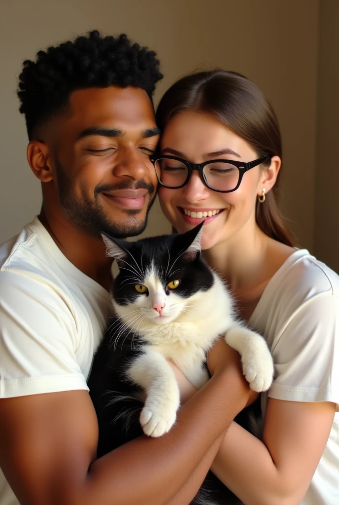 A drawing of gay a brown-skinned man, with a mustache and goatee, short, curly, black hair, Wearing white short sleeve t-shirt, hugging a white man, who wears glasses, with thin lips and a shy smile wearing a white short-sleeved t-shirt, With straight, brown hair, holding a cat with black and white fur.