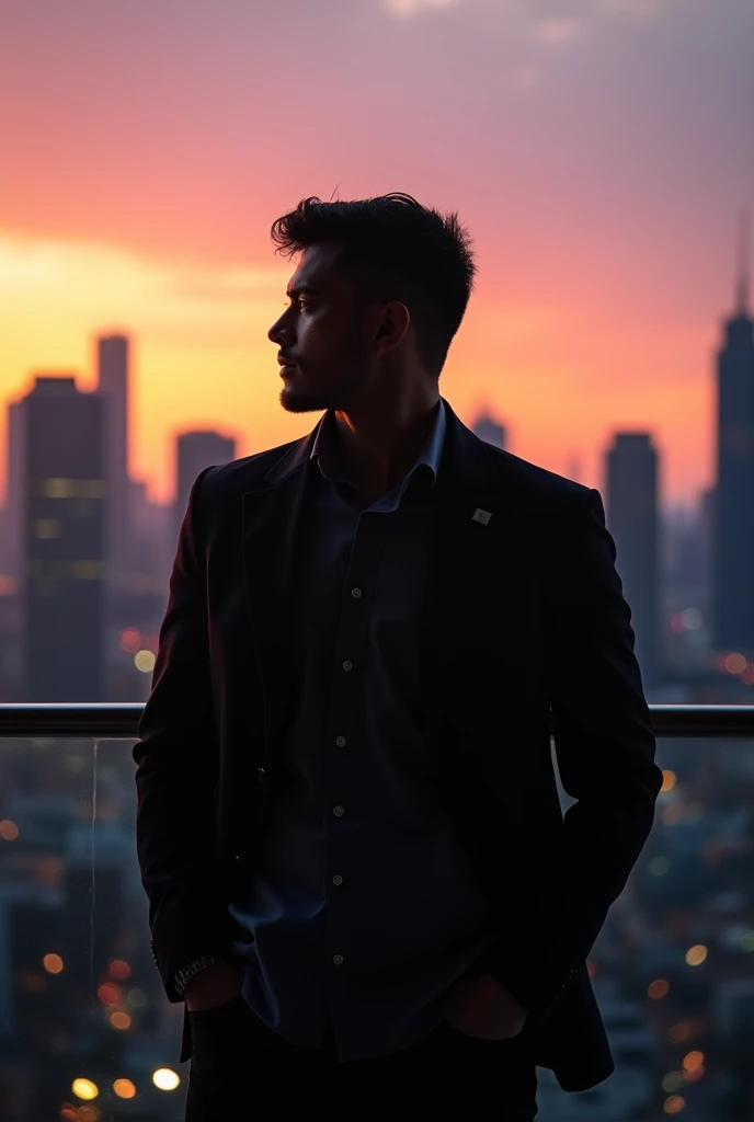 Man posing with city view from behind