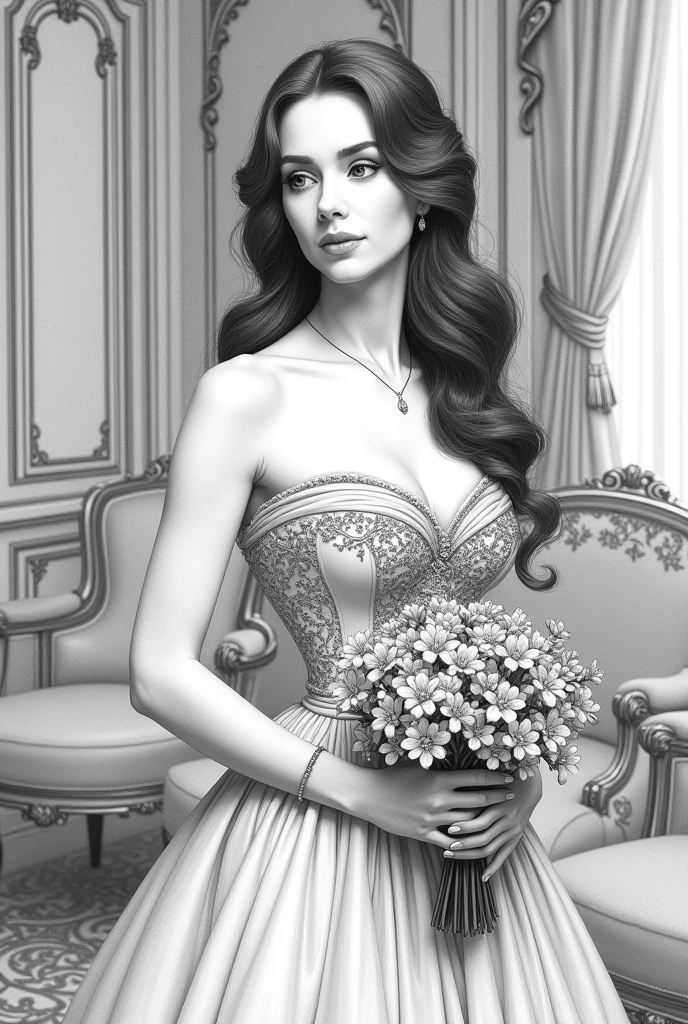 Hand draw in graphite a portrait of a slim, muscular 30-year-old princess in Victorian style, with an elegant hairstyle and a detailed strapless dress. She must be holding a bouquet of delicate flowers, with a serene and graceful expression. The image should capture the essence of a delicate female figure, but one that exudes a powerful and dignified presence.